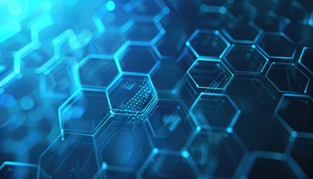 A close-up of an abstract design with a glowing blue hexagon pattern and blurred dots, suggesting a digital or technological theme.の素材
