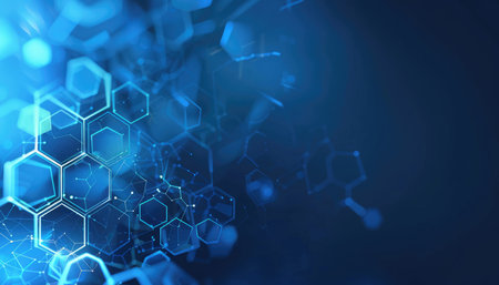 A digitally rendered abstract blue background with hexagon network patterns and glowing lights.の素材