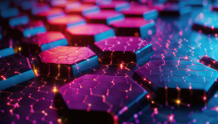 A close-up of a digitally rendered abstract pattern composed of illuminated hexagonal structures in vibrant blue, pink, and red hues.の素材