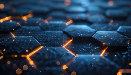 A 3D rendering of an abstract hexagon pattern with glowing orange lines and scattered orange spheres.の素材
