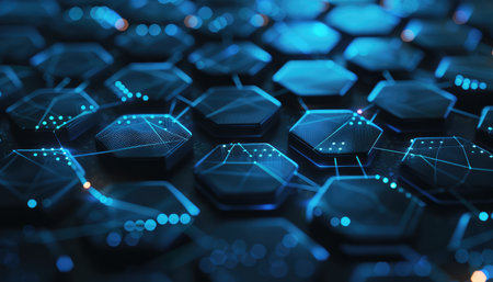 An abstract digital background featuring a hexagonal pattern with glowing blue lines and dots.の素材
