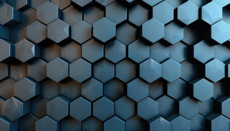 A close-up view of an abstract geometric pattern composed of interlocking hexagonal shapes in deep blue hues.の素材