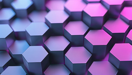 A close-up of a 3D rendering of a pattern of blue and purple hexagons, creating a dynamic and visually compelling abstract background.の素材
