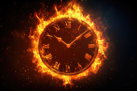 A golden clock face with roman numerals surrounded by fiery flames on a black background.の素材
