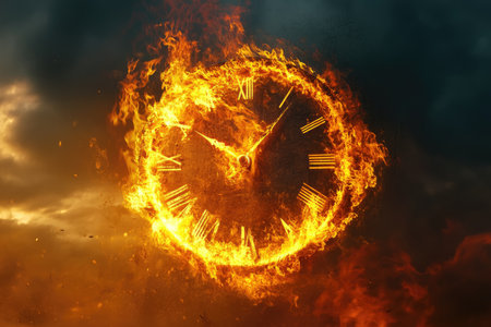 A clock face burning in a fiery inferno against a stormy sky.の素材