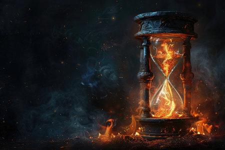 A close-up of an ornate hourglass engulfed in flames, with smoke and embers surrounding it.の素材