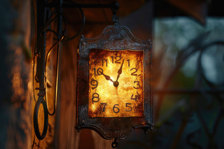 A close-up of an illuminated antique clock hanging on a wooden wall.の素材