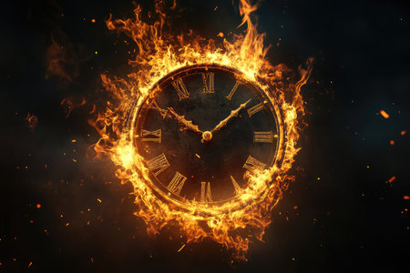 A fiery inferno consumes a clock face, symbolizing the passage of time.の素材