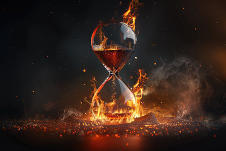 An hourglass engulfed in flames sits on a bed of glowing embers, creating a dramatic and abstract visual.の素材