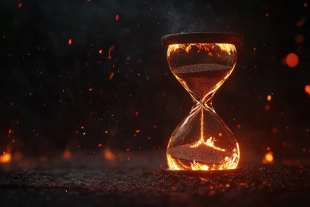 A glass hourglass engulfed in flames on a background of embers.の素材