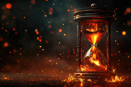 An hourglass filled with burning embers and engulfed in flames, emphasizing the passage of time and the intensity of heat.の素材