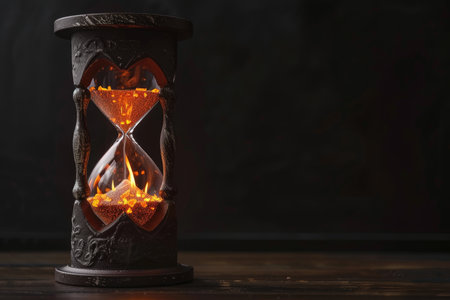 A close-up image of a black hourglass filled with glowing orange sand, on a wooden surface against a dark background.の素材