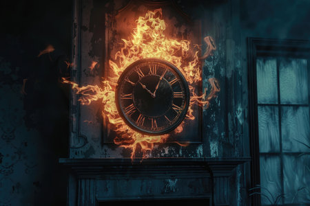 A vintage clock with Roman numerals is engulfed in flames against a dark, aged wall.の素材