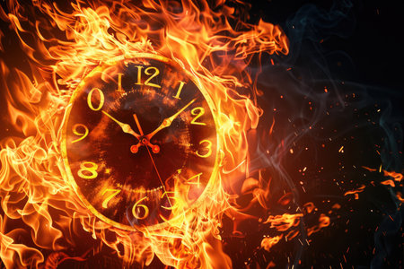A clock with roman numerals is enveloped in a vibrant blaze of flames.の素材
