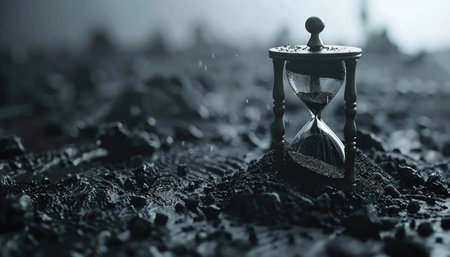 A solitary hourglass stands in a desolate, dusty wasteland, symbolizing the passage of time and the potential for a lost future.の素材