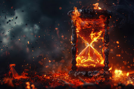 A burning hourglass in a fiery setting, symbolizing the fleeting nature of time and the inevitability of destruction.の素材