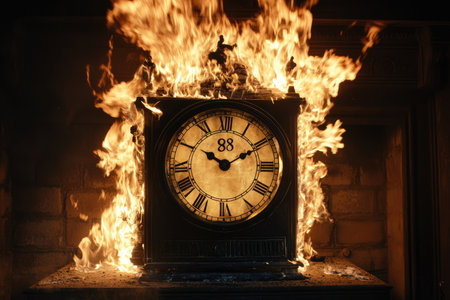 A vintage clock with roman numerals is ablaze, with flames engulfing the entire clock and emanating from the surrounding fireplace.の素材