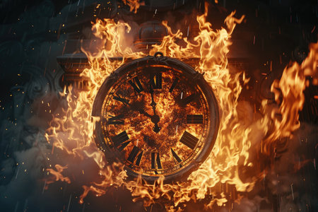 A close-up image of a clock face engulfed in flames. The intensity of the fire highlights the urgency of time.の素材