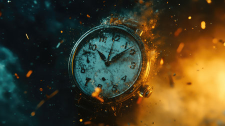 A vintage wristwatch with a worn, white face is suspended in a cloud of gold dust and light.の素材