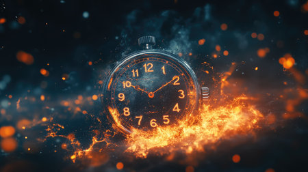 A close-up image of a vintage pocket watch engulfed in flames, creating a dramatic and symbolic representation of time burning away.の素材