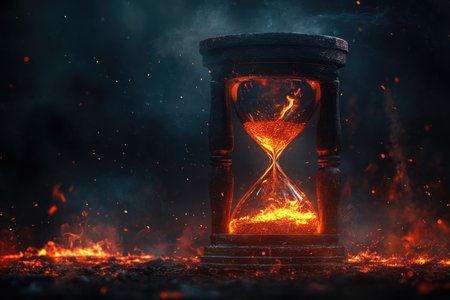 A dark, smoky landscape with an hourglass filled with burning embers, suggesting a fiery end.の素材