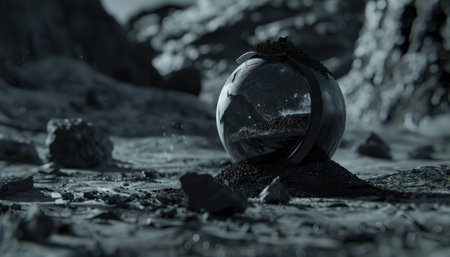 A black sphere sits atop a desolate rocky landscape, creating a mysterious and futuristic visual.の素材