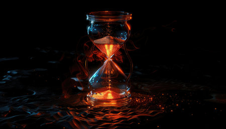 A glowing hourglass with red and orange flames on a black, swirling surface.の素材