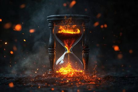 A burning hourglass sits on a bed of hot embers, suggesting the rapid passage of time and a sense of urgency.の素材