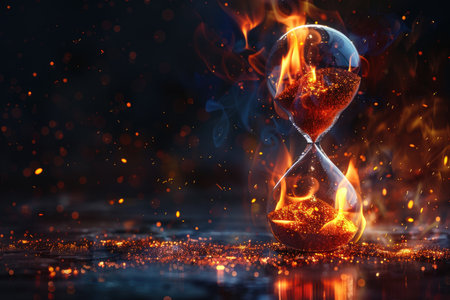 A glass hourglass engulfed in flames with sparks and smoke emanating from it against a dark background.の素材