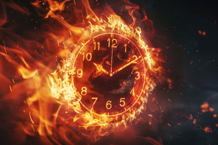 A clock face with fiery flames around it.  The image represents time running out or urgency.の素材