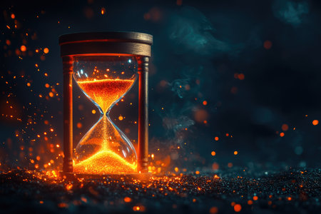 A wooden hourglass with glowing orange sand stands on a bed of glowing embers, against a dark background.の素材
