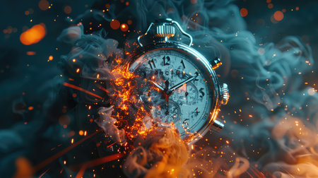 A close-up image of an antique chronograph watch engulfed in smoke and sparks.の素材