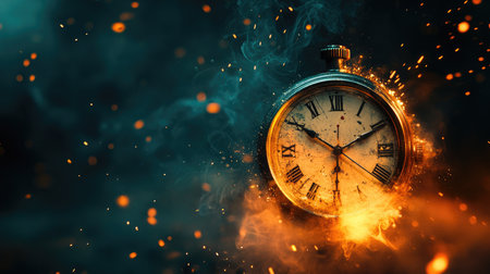 A vintage pocket watch engulfed in flames and smoke against a dark background.の素材