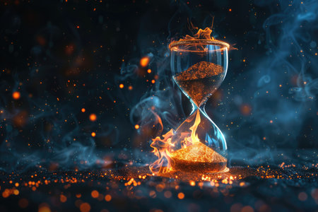 A burning hourglass with smoke and sparks against a dark background.の素材