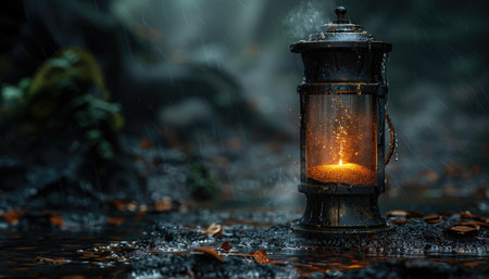 A single glowing lantern stands in the rain on a mossy forest floor.の素材