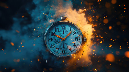 An old, worn clock explodes in a flurry of sparks and smoke, representing the passage of time.の素材