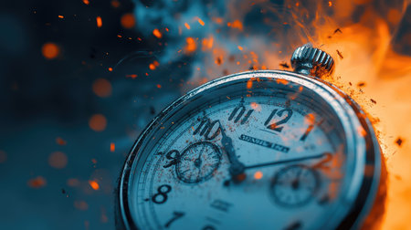 A vintage pocket watch with worn metallic casing, captured in a close-up with fire and smoke swirling around it.の素材