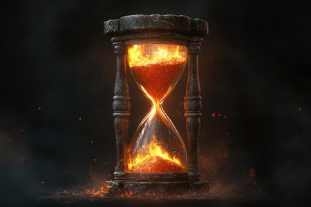 A stone hourglass with flames and embers inside, representing the passage of time and potential destruction.の素材