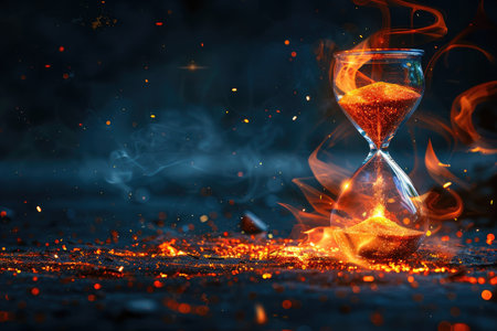 An hourglass engulfed in flames with smoke and sparks surrounding it.の素材