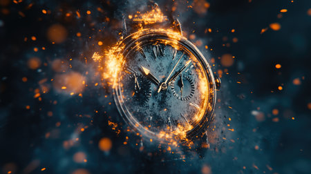 An analog watch engulfed in flames with smoke and sparks in the background.の素材