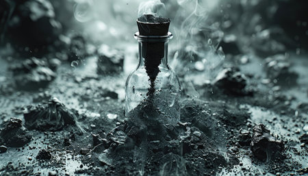 A glass bottle erupts with smoke and ash in a dark and mysterious landscape.の素材