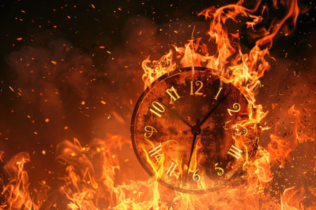 A close-up image of a clock face consumed by flames and sparks, creating a dramatic and symbolic scene.の素材
