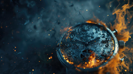 A close-up image of a watch on fire with smoke and sparks surrounding it.の素材