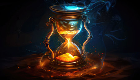 A golden hourglass with blue and orange dust particles swirling around it against a dark background.の素材