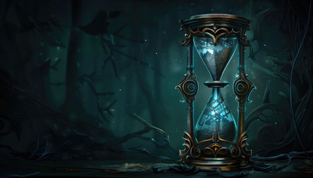 A detailed image of an ornate hourglass with blue sand, standing in a dark and mysterious forest.の素材