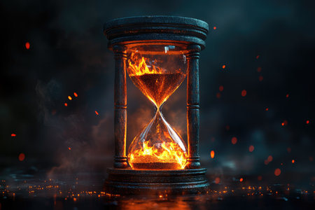 A black hourglass filled with fire sits on a dark background with smoke and sparkles.の素材