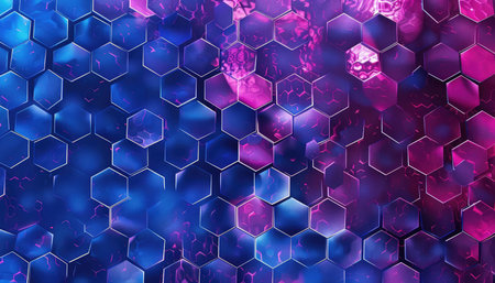 An abstract image of a repeating hexagonal pattern with a blue and pink iridescent shimmer.の素材