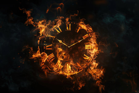 A Roman numeral clock face engulfed in flames against a black background.の素材