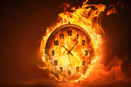 A clock encased in fire, symbolizing the pressure of time.の素材