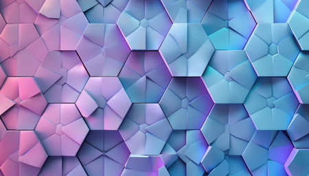 A close-up of a 3D rendered abstract geometric pattern with a gradient color shift from blue to purple.の素材